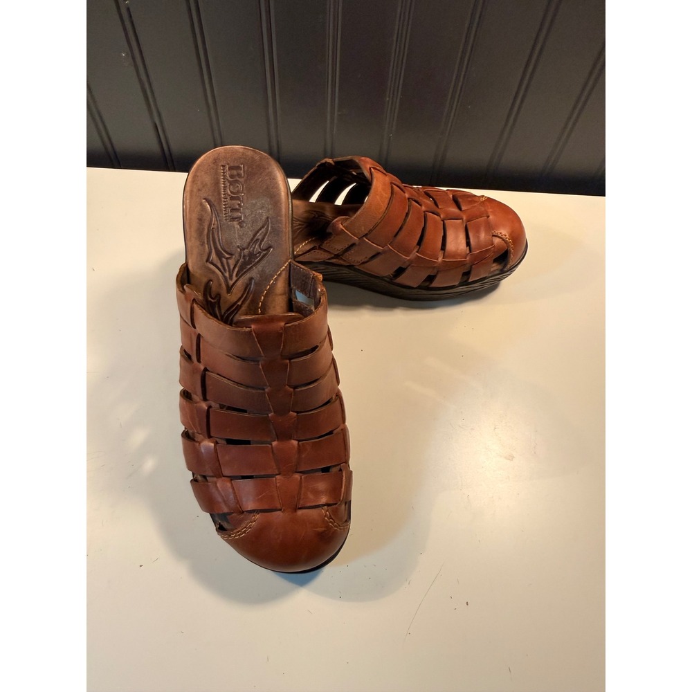 Born Brown Leather Fisherman Woven Clogs Mules Wedge D32318 Womens 7.5 M/W
